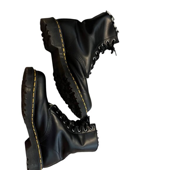 Dr. Martens Black Leather Fur-Lined Boots Womens Size 8 Lace-Up With Yellow Stit - Picture 3 of 10